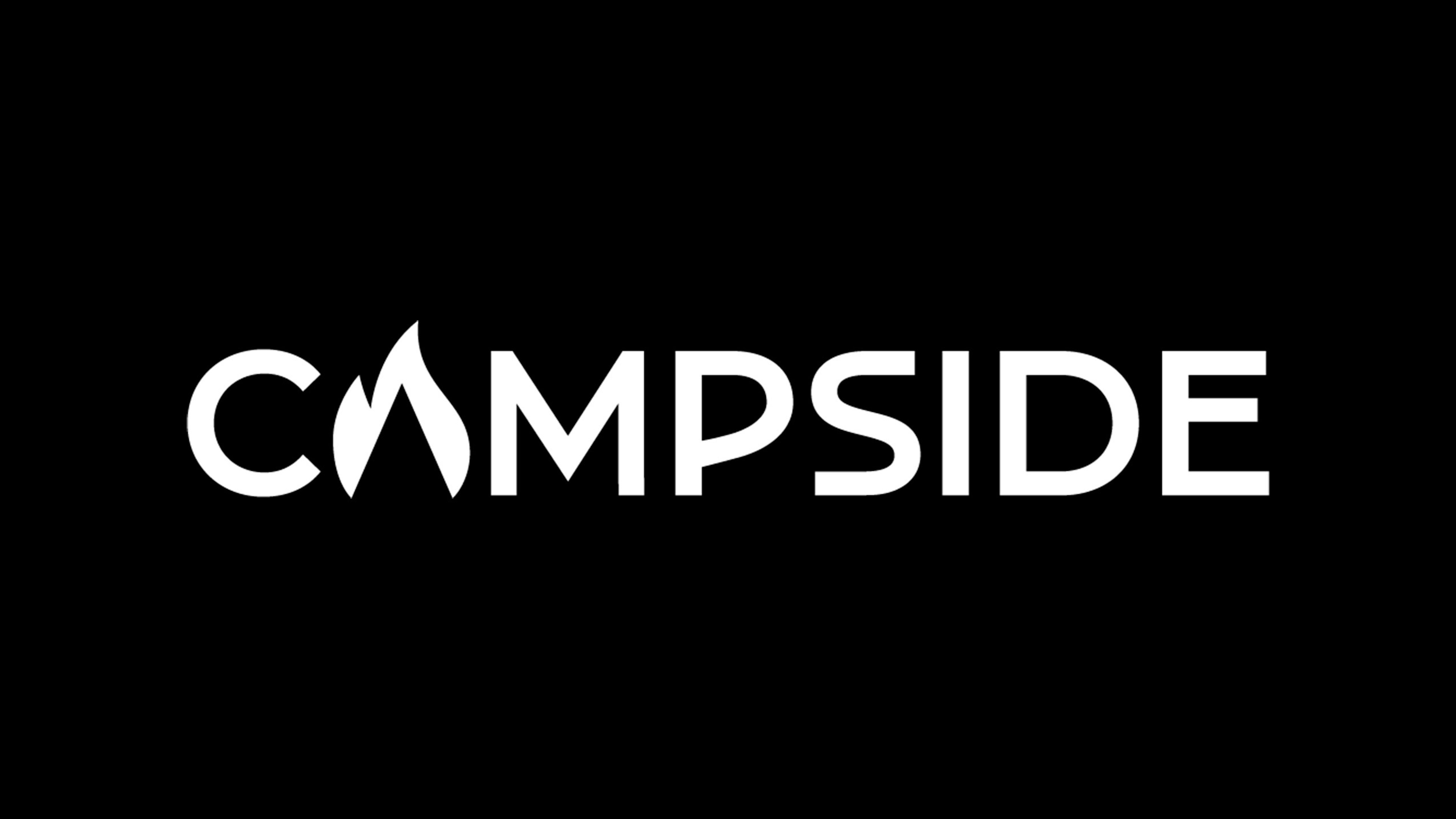 Black background with "Campside" in white in the middle. The A is in the shape of a fire.